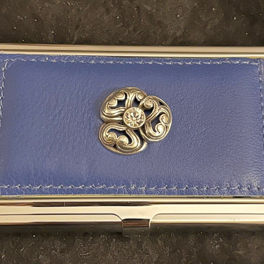 Brighton Stainless Steel Blue Leather and Floral Crystal Business Card Case NWT